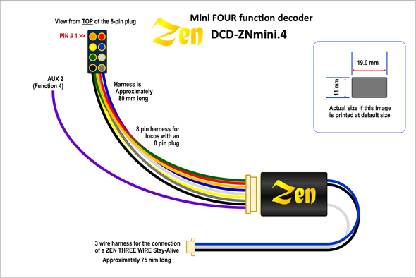 DCC Concepts DCD-ZNmini.4A Zen Black Small Decoder 8 Pin Harness 4 Function