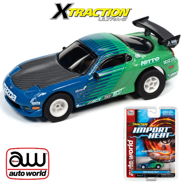 Auto World Xtraction Import Heat 1995 Mazda RX-7 Blue/Green HO Slot Car
