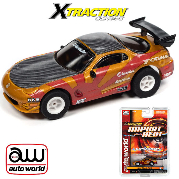 Auto World Xtraction Import Heat 1995 Mazda RX-7 Gold/Red HO Slot Car