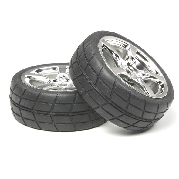 Tamiya 53955 RC 1/10 Pre-Cemented Tires w/ 5 Spoke Metal Plated Wheels (2Pcs)