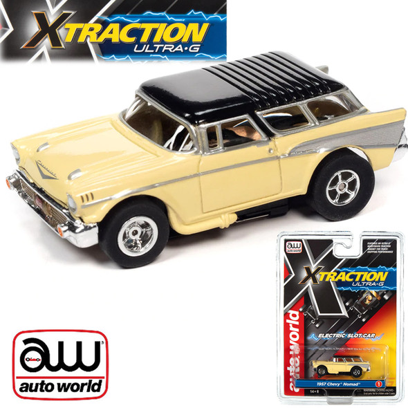 Auto World Xtraction R34 1957 Chevrolet Nomad Yellow HO Scale Slot Car