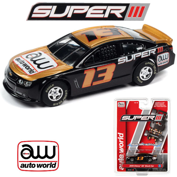 Auto World Super III 2015 Chevy SS Stock Car Black/Gold Version A HO Slot Car
