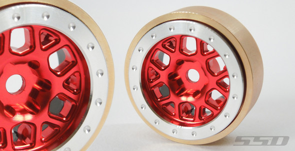 SSD RC SSD00550 1.0" Aluminum / Brass Boxer Beadlock Wheels Silver / Red (2)