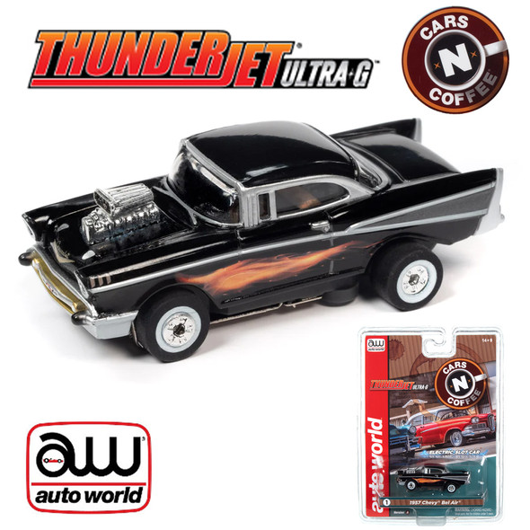 Auto World Thunderjet 1957 Chevrolet Bel Air Street Rod w/ Blower Black HO Slot Car