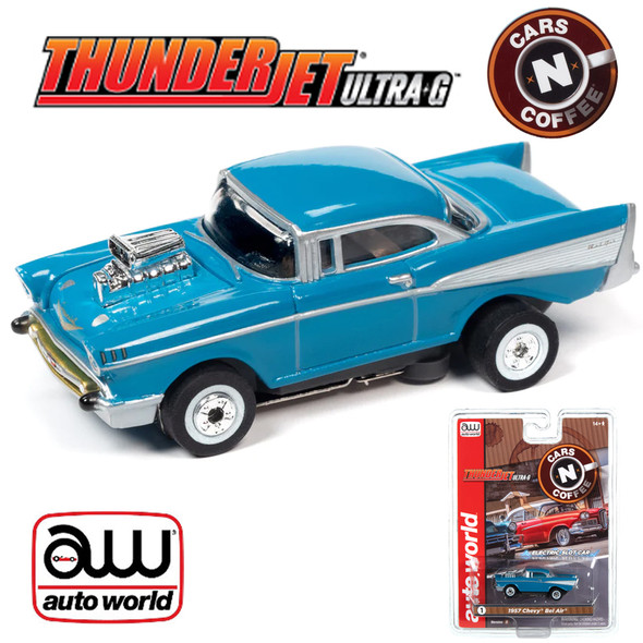 Auto World Thunderjet 1957 Chevrolet Bel Air Street Rod w/ Blower Blue HO Slot Car