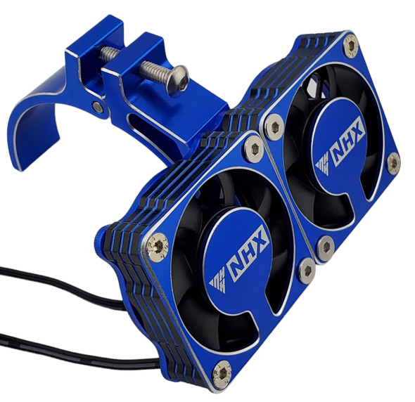 NHX RC 1/8 Twin Alum Cooling Fans w/Cover & Side Motor Mount for Castle 2028 -Blue