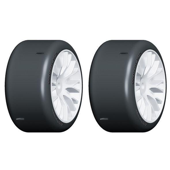 GRP GWH05-XM2 1:5 TC – W05 SLICK – XM2 Medium Tires Mounted on White Rim (2)