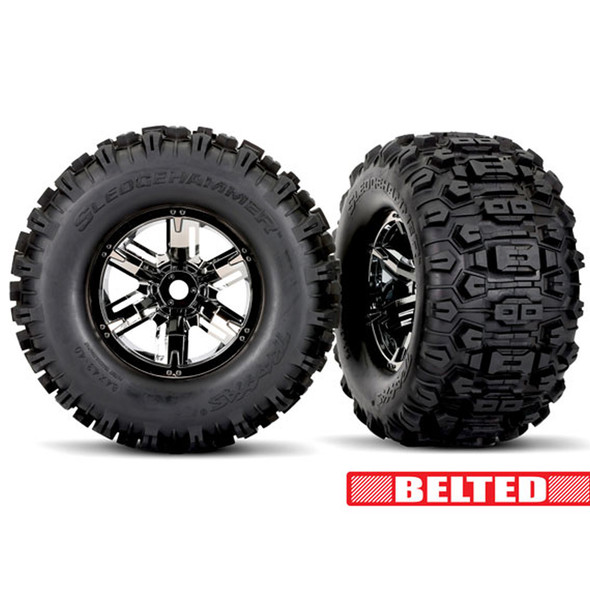 Traxxas 7871X Belted Sledgehammer Tires w/Black Chrome Wheels & Foam Inserts (2) for X-Maxx