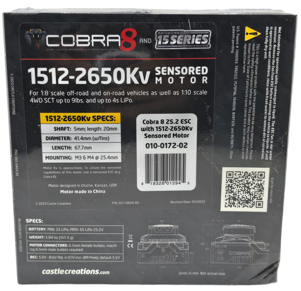 Castle Creations Cobra 8 25.2V Waterproof ESC w/ 1512 - 2650Kv Sensored Brushless Motor