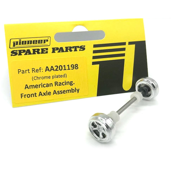 Pioneer AA201198 American Racing Front Axle Assembly Silver Wheels 1/32 Slot Car