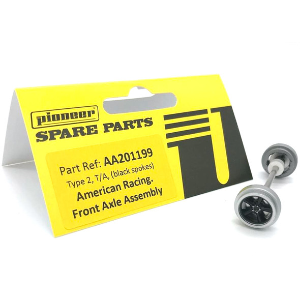 Pioneer AA201199 American Racing Front Axle Assembly Black Wheels 1/32 Slot Car