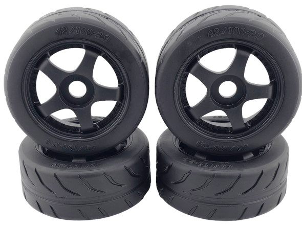 NHX RC 1/8 On Road Touring Car Tires w/ Black 17mm Hex 6-Spoke Rims (4) - Hobao GTLE / GTSE / VTE