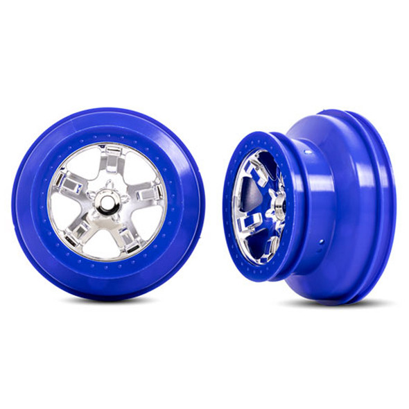 Traxxas 5868A 5-Spoke Chrome SCT Wheels (2) w/ Blue Beadlock for Slash