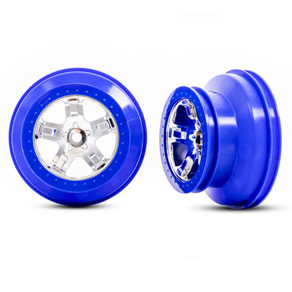 Traxxas 5870A 5-Spoke Chrome SCT Wheels (2) w/ Blue Beadlock for Slash