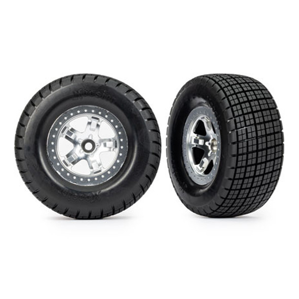 Traxxas 10476 Hoosier Angle Block Tires w/ Beadlock Chrome Wheels (2) for Slash Modified