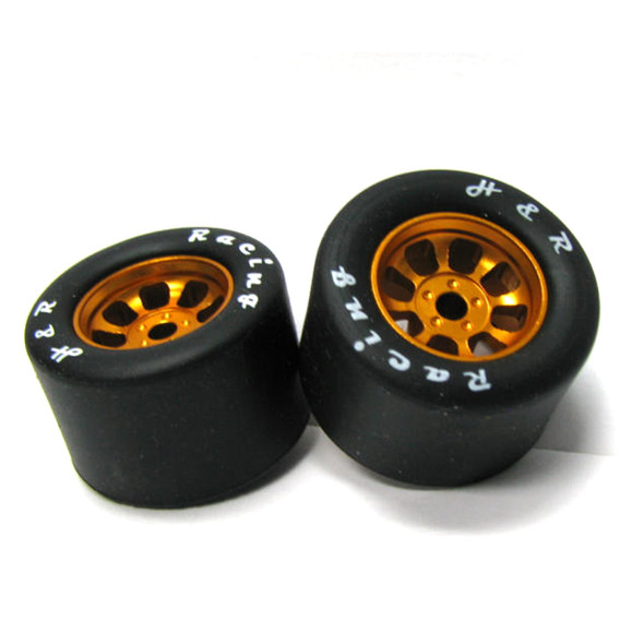 H&R Racing HR1116 Nascar Rear Gold Wide Wheel w/ Silicone Tire 1/8 Axle (2) 1:24 Slot Car