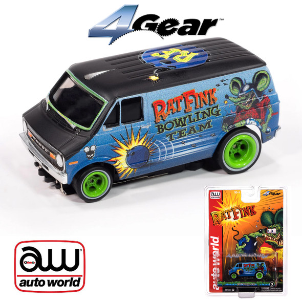 Auto World 4Gear 1977 Dodge Van Rat Fink Flat (Flat Black & Blue) HO Slot Car
