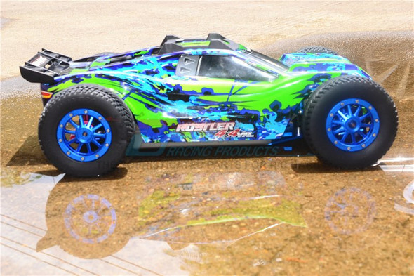 GPM F/R Alum Shocks+Steel #45 Axles+Spring Hex+Tires/Rim Blue : Rustler 4x4 VXL