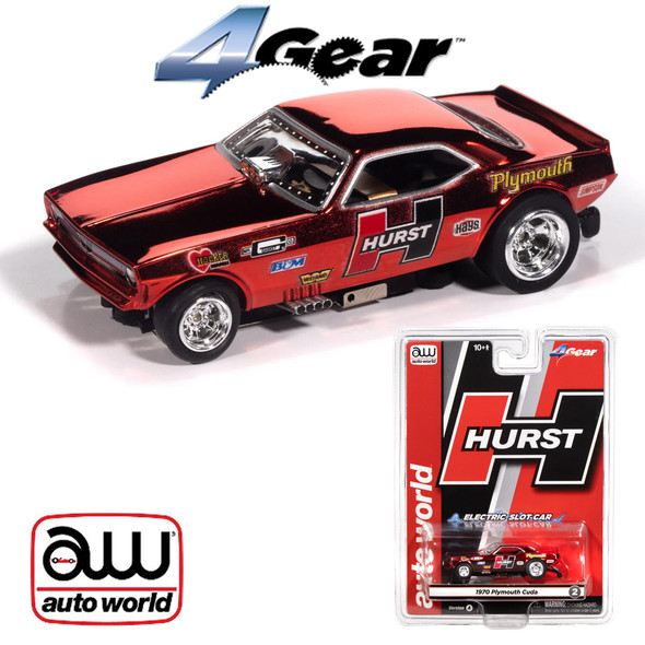 Auto World 4Gear 1970 Plymouth Barracuda Drag Hurst Shifters Red HO Slot Car
