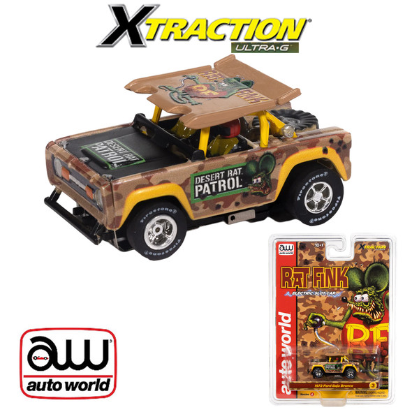 Auto World Xtraction 1972 Ford Baja Bronco Rat Fink Yellow HO Scale Slot Car