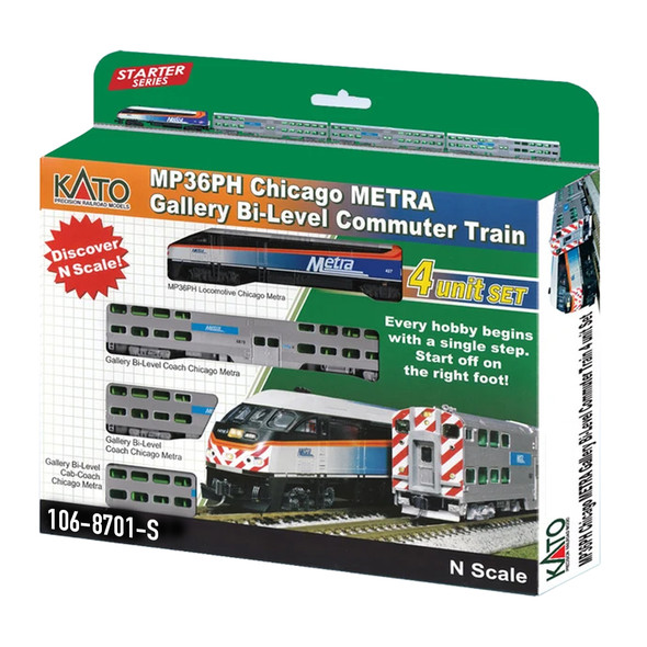 Kato 106-8701-S Chicago Metra Bi-Level Commuter Train 4 Car Set w/DCC & Sound N Scale