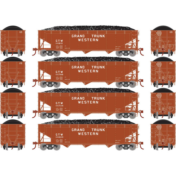 Athearn ATH33087 40' Offset Coal Hopper w/ Load (4) - Grand Trunk Western #1 HO Scale