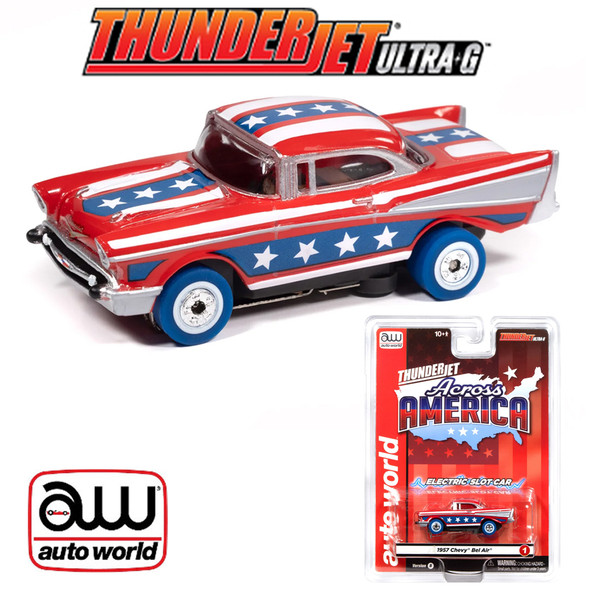 Auto World Thunderjet 1957 Chevy Bel Air Verison B (Red, Blue & White) HO Slot Car
