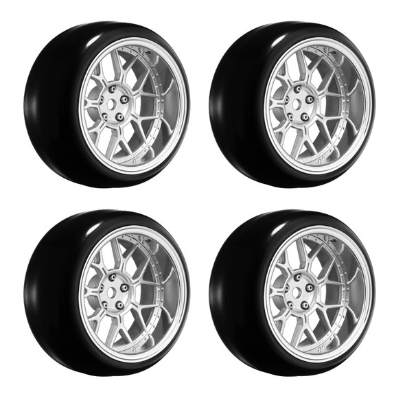 Louise R/C LNHA561T 1/10 Drift Tires w/ 14 Spoke Matte Silver Wheels (4Pcs)