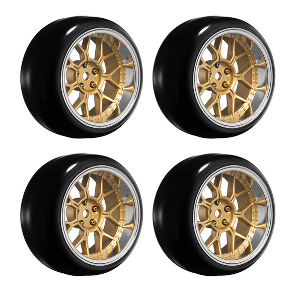 Louise R/C LNHA568T 1/10 Drift Tires w/ 14 Spoke Gold Chrome Wheels (4Pcs)