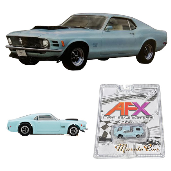 AFX 22133 1970 Mustang Boss 429 Mega G+ Chassis Pastel Blue HO Slot Car