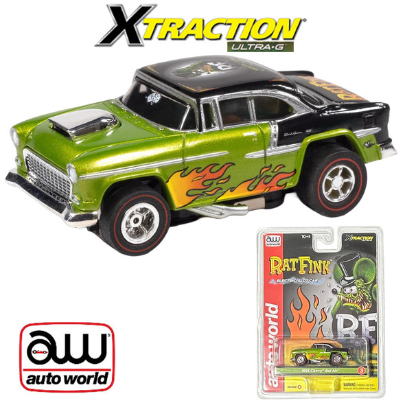 Auto World Xtraction 1955 Chevy Bel Air Rat Fink Version B Lime Green HO Slot Car