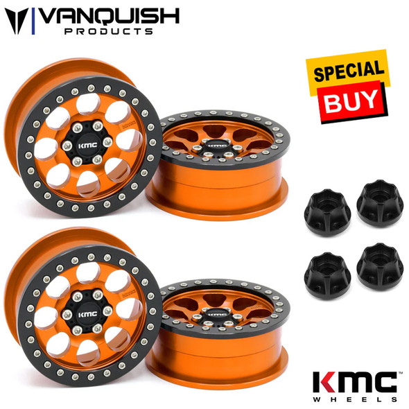 Vanquish 2.2 Aluminum KMC KM237 Riot Beadlock Orange Wheels (4) w/ Black Hubs (4)