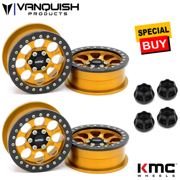 Vanquish 2.2 Aluminum KMC KM237 Riot Beadlock Gold Wheels (4) w/ Black Hubs (4)