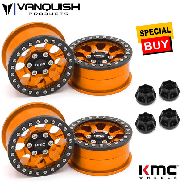 Vanquish 1.9 Aluminum KMC KM237 Riot Beadlock Orange Wheels (4) w/ Black Hubs (4)