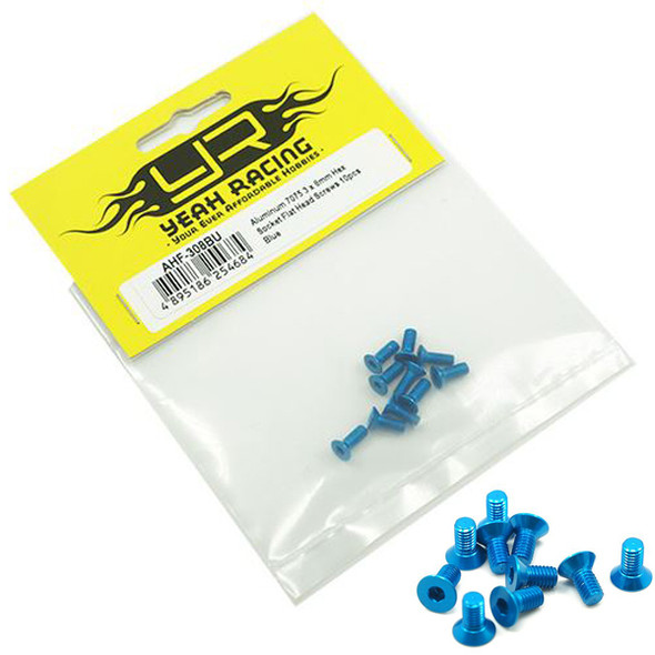Yeah Racing AHF-308BU Aluminum 7075 3x8mm Hex Socket Flat Head Screws 10pcs Blue
