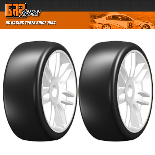 GRP GTH02-S2 1:8 GT T02 SLICK S2 XSoft Belted Tire w/ Spoked White Wheel (2) GRP GTH02-S2 1:8 GT T02 SLICK S2 XSoft Belted Tire w/ Spoked White Wheel (2)