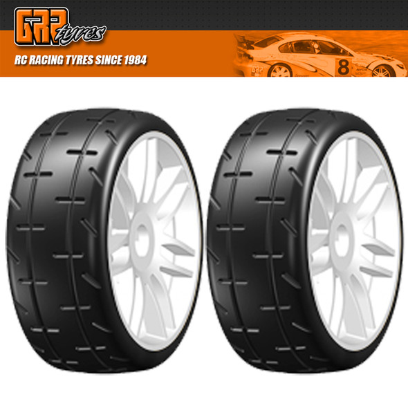 GRP GTH01-S2 1:8 GT T01 REVO S2 XSoft Belted Tire w/ Spoked White Wheel (2) GRP GTH01-S2 1:8 GT T01 REVO S2 XSoft Belted Tire w/ Spoked White Wheel (2)