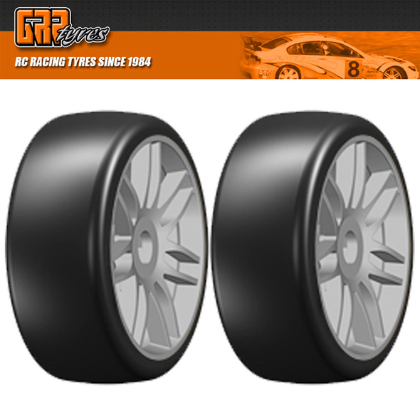 GRP GTK02-S5 1:8 GT T02 SLICK S5 Medium Belted Tire w/ Spoked Silver Wheel (2)
