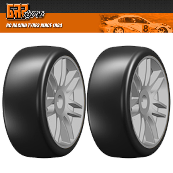 GRP GTK02-S2 1:8 GT T02 SLICK S2 XSoft Belted Tire w/ Spoked Silver Wheel (2) GRP GTK02-S2 1:8 GT T02 SLICK S2 XSoft Belted Tire w/ Spoked Silver Wheel (2)