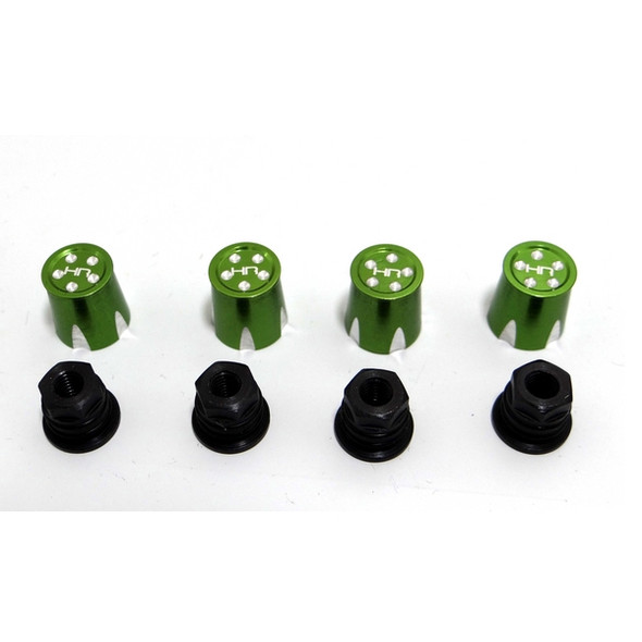 Hot Racing Aluminum Wheels Nut Caps & M4 Nuts Green Flat Head (4)