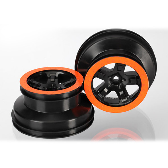 Traxxas 5870X Wheels SCT Black Orange Beadlock Style Dual Profile 2WD front (2)