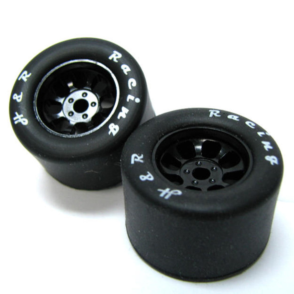 H&R Racing HR1112 Nascar Rear Black Wide Wheel w/ Silicone Tire 1/8 Axle (2) 1:24 Slot Car