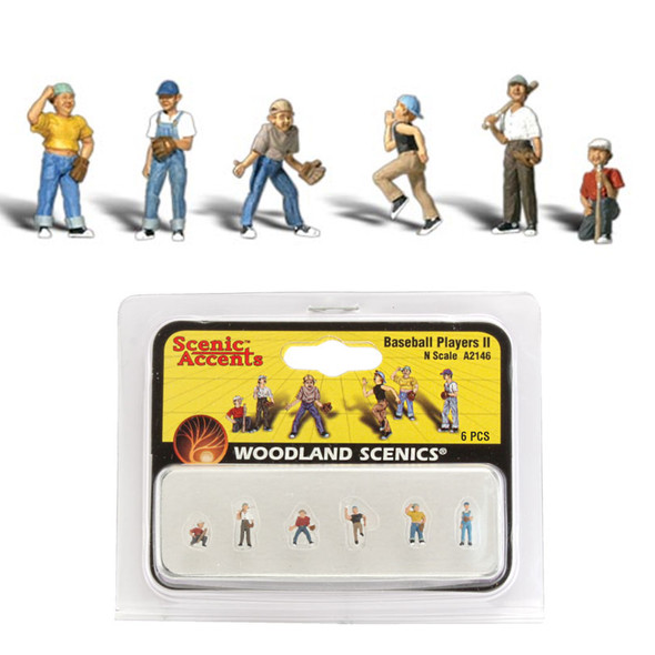 Woodland Scenics Accents A2146 Figures - Baseball Players II - Pkg (6) N Scale