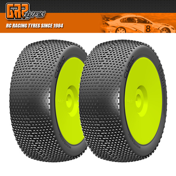 GRP GBY03X 1:8 Buggy CUBIC X ExtraSoft Mounted Tires w/ Yellow Wheel (2) : F/R