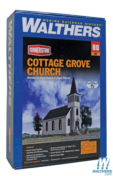 Walthers 933-3655 Cottage Grove Church Kit 7 x 3-1/2 x 8" : HO Scale