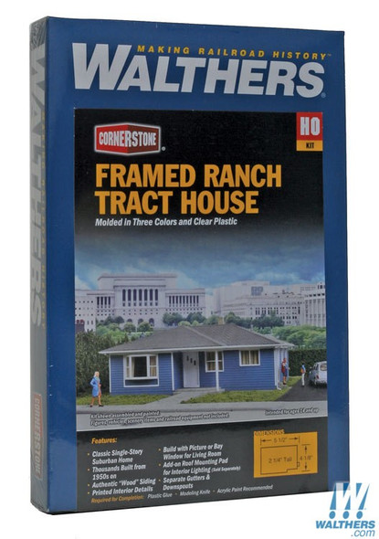 Walthers 933-3775 Framed Ranch Tract House Kit - 5-1/2 x 4-1/8 x 2-1/4" : HO Scale