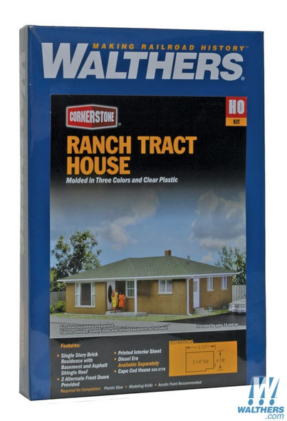 Walthers 933-3777 Ranch Tract House Kit - 5-1/2 x 4-1/8 x 2-1/4" : HO Scale