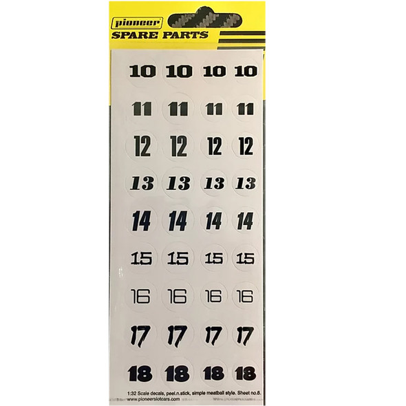 Pioneer DS202716 Racing Numbers (10-18) Sticker Sheet #6 1/32 Slot Car
