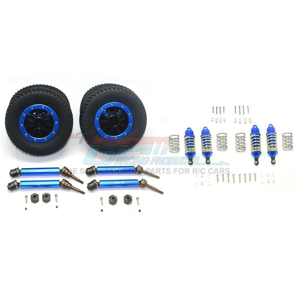 GPM F/R Alum Shocks+Steel #45 Axles+Spring Hex+Tires/Rim Blue : Rustler 4x4 VXL