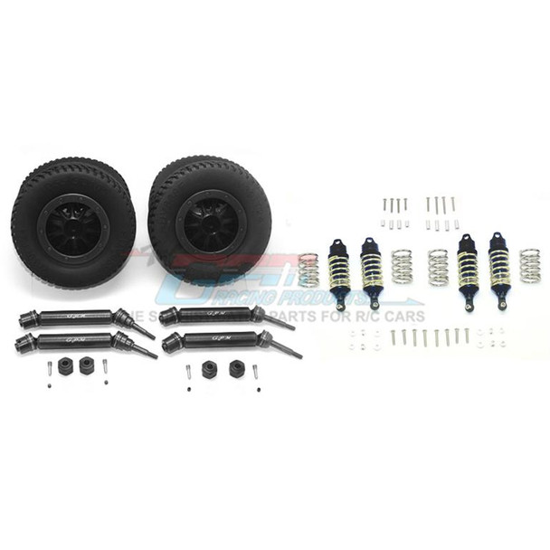GPM F/R Alum Shocks+Steel #45 Axles+Spring Hex+Tires/Rim Black : Rustler 4x4 VXL